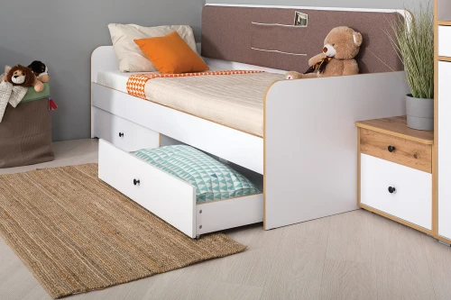 Кровать Вуди 11.02, Белый премиум, Дуб Золотой, Савана латте