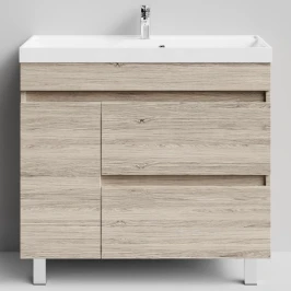 Тумба Бест 90 левая дверь, напольный, Дубослив ореховый светлый ПВХ 3445 Vodok с раковиной в комплекте