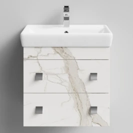 Тумба Квадро 60 подвесной, Мрамор Белый натур милк ПВХ 2537 Vodok с раковиной в комплекте
