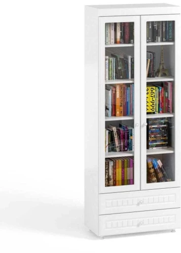 Шкаф 2-х дверный со стеклами и ящиками (гл.410) Монако МН-46 белое дерево