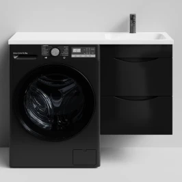 Тумба Смайл 110 подвесной, под стиральную машину, правая, черный глянец Vodok с раковиной в комплекте