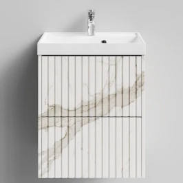 Тумба Тач 50 подвесной, Мрамор Белый натур милк ПВХ 2537 Vodok с раковиной в комплекте