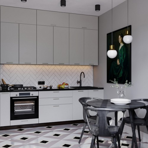 Кухня трехуровневая Мемфис 2400 Атласный серый МДФ прямая