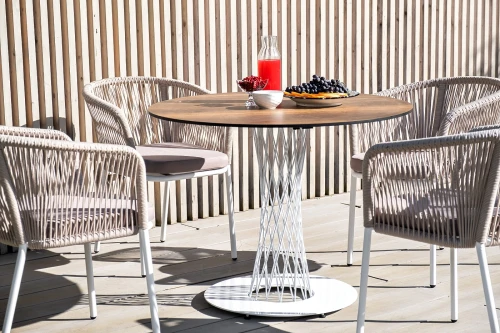 "Марсель" стул плетеный из роупа, каркас алюминий белый муар, роуп бежевый круглый, ткань бежевая 15052