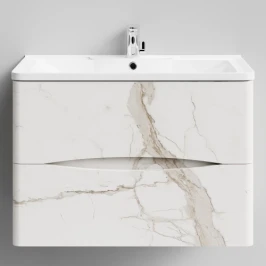 Тумба Адель 80 подвесной, Мрамор Белый натур милк ПВХ 2537 Vodok с раковиной в комплекте