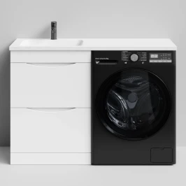 Тумба Смайл 120 напольный, под стиральную машину, левая, белый глянец Vodok с раковиной в комплекте