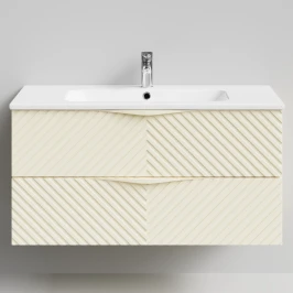 Тумба Эйфория 100 F4, пример RAL 1015 Светлая слоновая кость, матовая, 2 ящика, подвесной Vodok с раковиной в комплекте