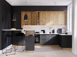 Трехуровневый кухонный гарнитур Мемфис/Хелмер 3600х1400 Черный трюфель/Вотан МДФ/ЛДСП угловой Трехуровневый кухонный гарнитур Мемфис/Хелмер 3600х1400 Черный трюфель/Вотан МДФ/ЛДСП угловой