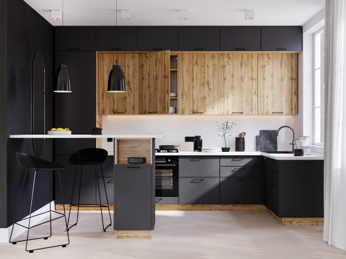 Трехуровневый кухонный гарнитур Мемфис/Хелмер 3600х1400 Черный трюфель/Вотан МДФ/ЛДСП угловой