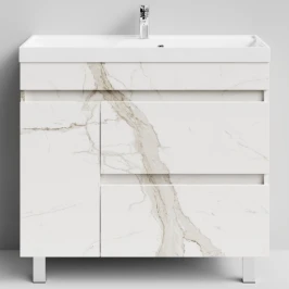 Тумба Бест 90 левая дверь, напольный, Мрамор Белый натур милк ПВХ 2537 Vodok с раковиной в комплекте