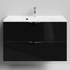 Тумба Марко 90 подвесной, ручки Хром, черный глянец Vodok с раковиной в комплекте