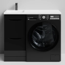 Тумба Смайл 100 напольный, под стиральную машину, левая, черный глянец Vodok с раковиной в комплекте