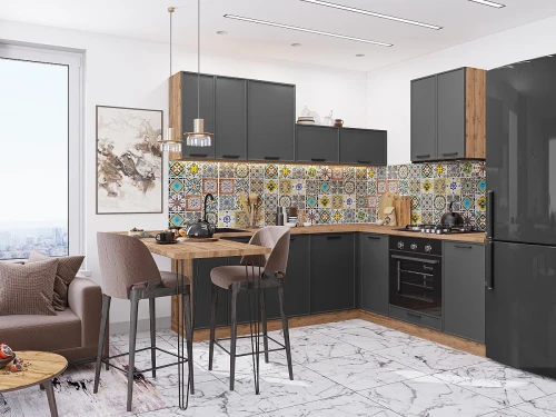 Угловая модульная кухня Фрейм-03 Stormy Silk Дуб вотан 2140*2200/2000*600