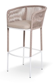 "Марсель" стул барный плетеный из роупа, каркас из стали белый муар, роуп бежевый круглый, ткань бежевая 15052