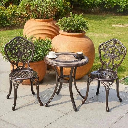 Набор мебели из литого алюминия стол с керамикой «АНТИК» (ANTIQUE) д.60см арт.6152 и два стула «НЬЮ ЙОРК» арт.6026-2