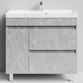Тумба Бест 90 левая дверь, напольный, Мрамор Белый софт тач 4044-2 Vodok с раковиной в комплекте