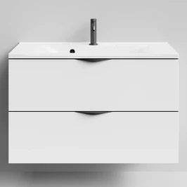 Тумба Марко 90 подвесной, ручки Черные, белый глянец Vodok с раковиной в комплекте