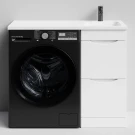 Тумба Смайл 100 напольный, под стиральную машину, правая, белый глянец Vodok с раковиной в комплекте