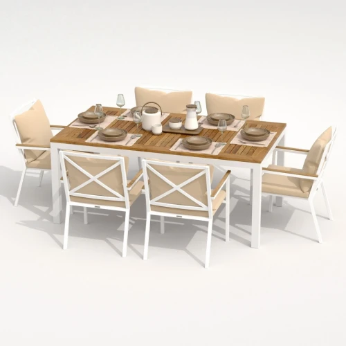 Обеденная группа  TELLA FESTA plus каркас белый / стол тик 180 / ткань бежевая