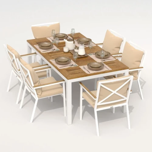 Обеденная группа  TELLA FESTA plus каркас белый / стол тик 180 / ткань бежевая