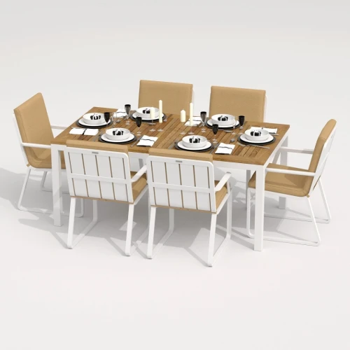 Обеденная группа TELLA  ALBA  каркас белый / стол тик 180 / ткань бежевая