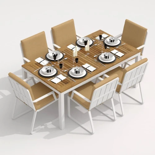 Обеденная группа TELLA  ALBA  каркас белый / стол тик 180 / ткань бежевая