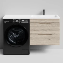 Тумба Смайл 130 подвесной, под стиральную машину, правая, Дуб Тортуга ПВХ 2357-43 Vodok с раковиной в комплекте