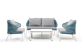 "Милан" лаунж-зона 4-местная плетеная из роупа (веревки), каркас алюминиевый белый, роуп бежевый blue