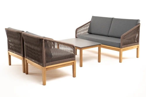"Канны" лаунж-зона 4-местная из роупа со столом "Гранада" (серый гранит), основание дуб, роуп коричневый, ткань темно-серая