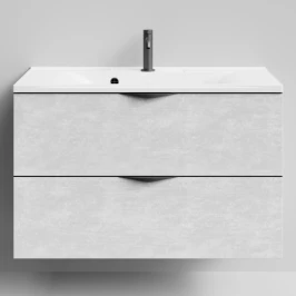 Тумба Марко 90 подвесной, ручки Черные, Белый камень ПВХ 57805 Vodok с раковиной в комплекте