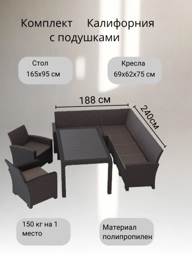 Комплект мебели с угловым диваном под ротанг Калифорния “California“ 240х188 см 6 мест , 2 кресла с подушками со столом 165х95 см