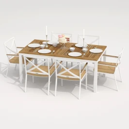 Обеденная группа TELLA  FESTA  каркас белый / стол тик 180 / ткань бежевая