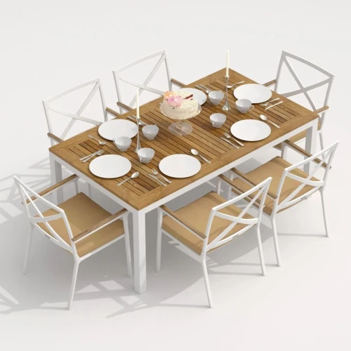 Обеденная группа TELLA  FESTA  каркас белый / стол тик 180 / ткань бежевая