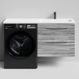 Тумба Смайл 130 подвесной, под стиральную машину, правая, Лиственница структурная контрастно-серая ПВХ 64202 Vodok с раковиной в комплекте