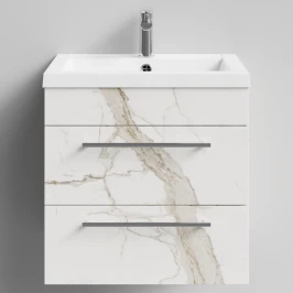 Тумба Элис 58 подвесной, 2 ящика, Мрамор Белый натур милк ПВХ 2537 Vodok с раковиной в комплекте