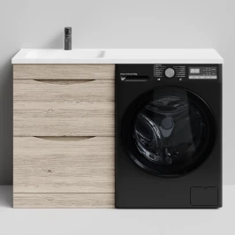 Тумба Смайл 120 напольный, под стиральную машину, левая, Дубослив ореховый светлый ПВХ 3445 Vodok с раковиной в комплекте