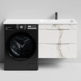 Тумба Смайл 130 подвесной, под стиральную машину, правая, Мрамор Белый натур милк ПВХ 2537 Vodok с раковиной в комплекте