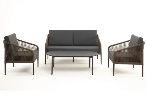 "Канны" лаунж-зона 4-местная из роупа со столом "Верона" (серый гранит), каркас алюминиевый коричневый, роуп коричневый
