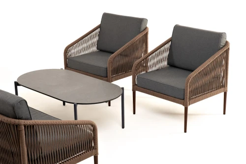 "Канны" лаунж-зона 4-местная из роупа со столом "Верона" (серый гранит), каркас алюминиевый коричневый, роуп коричневый