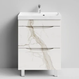 Тумба Лайт 60 напольный, Мрамор Белый натур милк ПВХ 2537 Vodok с раковиной в комплекте