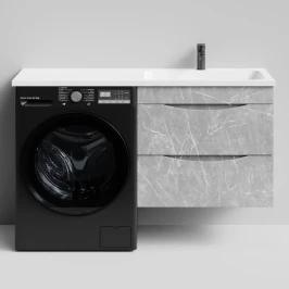 Тумба Смайл 130 подвесной, под стиральную машину, правая, Мрамор Белый софт тач 4044-2 Vodok с раковиной в комплекте