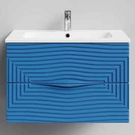 Тумба Эйфория 80 F5, пример RAL 5019 Капри синий, матовая, 2 ящика, подвесной Vodok с раковиной в комплекте