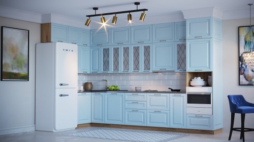 Трехуровневая кухня Ницца 3800х1800 Небесно-голубой МДФ ПВХ угловая