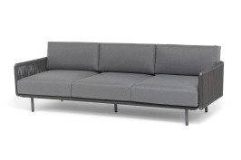 "Джелло" диван 3-местный плетеный из роупа, каркас алюминий темно-серый (RAL7024) муар, роуп темно-серый круглый, ткань темно-серая 027