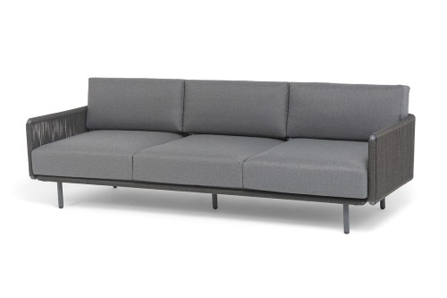 "Джелло" диван 3-местный плетеный из роупа, каркас алюминий темно-серый (RAL7024) муар, роуп темно-серый круглый, ткань темно-серая 027