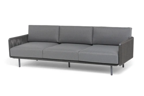 "Джелло" диван 3-местный плетеный из роупа, каркас алюминий темно-серый (RAL7024) муар, роуп темно-серый круглый, ткань темно-серая 027