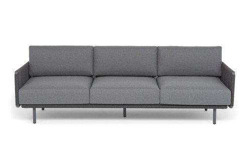 "Джелло" диван 3-местный плетеный из роупа, каркас алюминий темно-серый (RAL7024) муар, роуп темно-серый круглый, ткань темно-серая 027