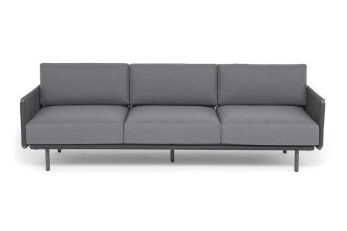 "Джелло" диван 3-местный плетеный из роупа, каркас алюминий темно-серый (RAL7024) муар, роуп темно-серый круглый, ткань темно-серая 027