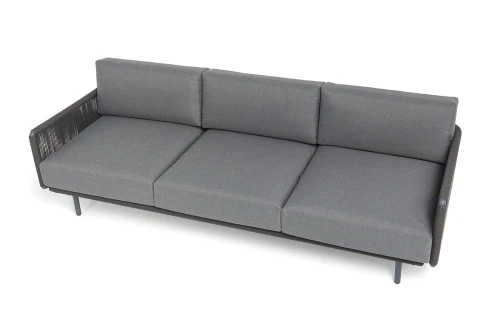 "Джелло" диван 3-местный плетеный из роупа, каркас алюминий темно-серый (RAL7024) муар, роуп темно-серый круглый, ткань темно-серая 027