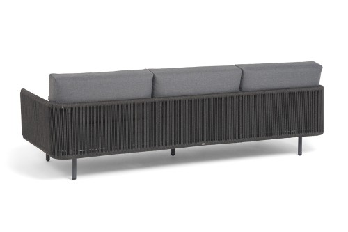 "Джелло" диван 3-местный плетеный из роупа, каркас алюминий темно-серый (RAL7024) муар, роуп темно-серый круглый, ткань темно-серая 027
